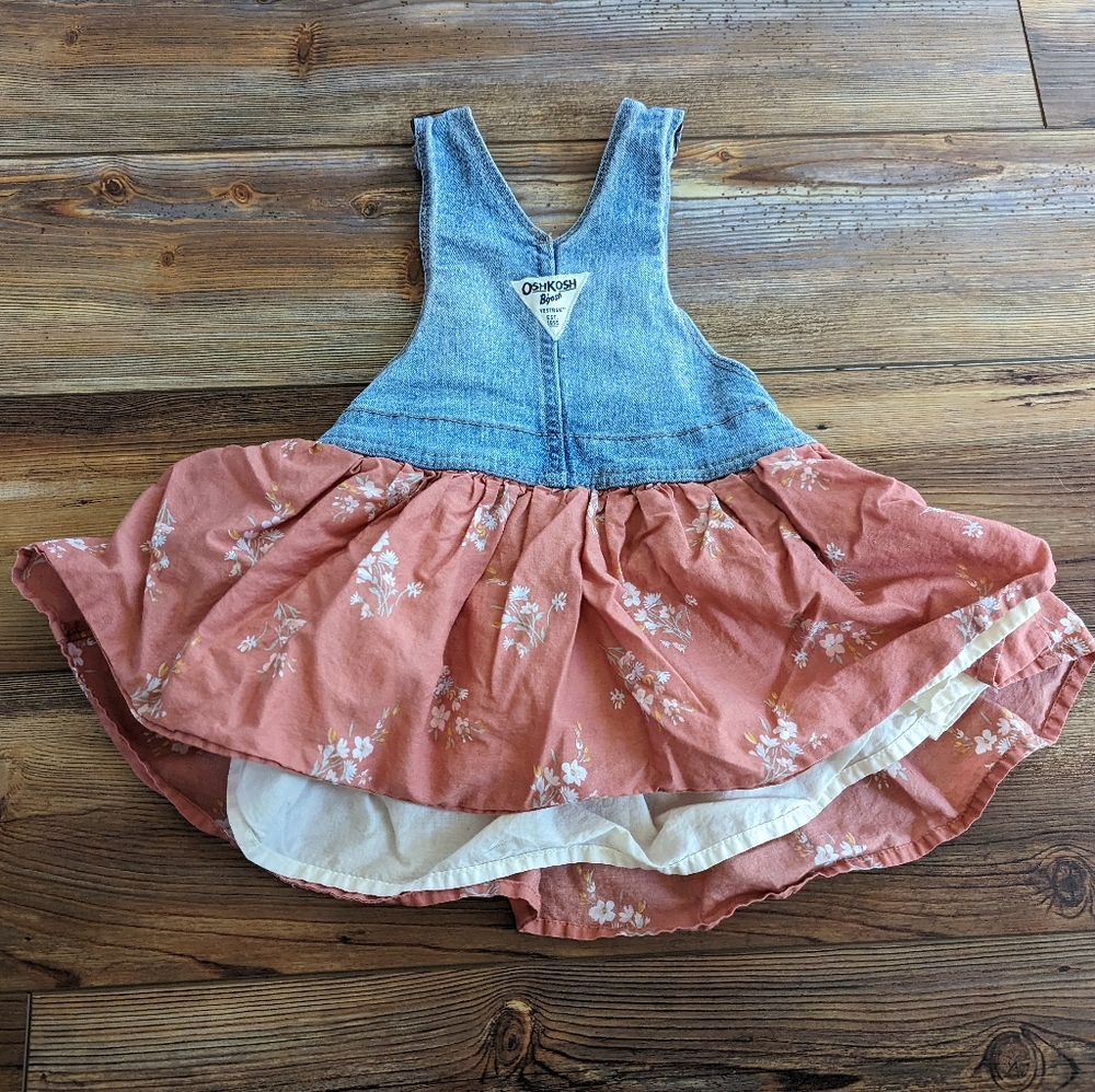 OshKosh B'gosh Toddler Denim Blue Overall Floral Cotton Skirt Dress 2T - Picture 3 of 7